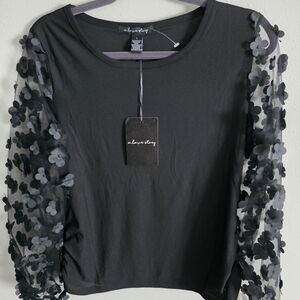 Black Floral Applique Sleeve Women's Top